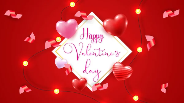 Valentine Day Poster Banner White Square Frame Hearts Red Background — Stock Vector