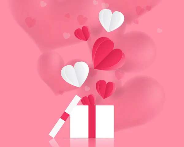 情人节礼物盒打开 纸心飞扬在粉色背景的空气中 儿童节 母亲节 情人节 生日贺卡 — 图库矢量图片