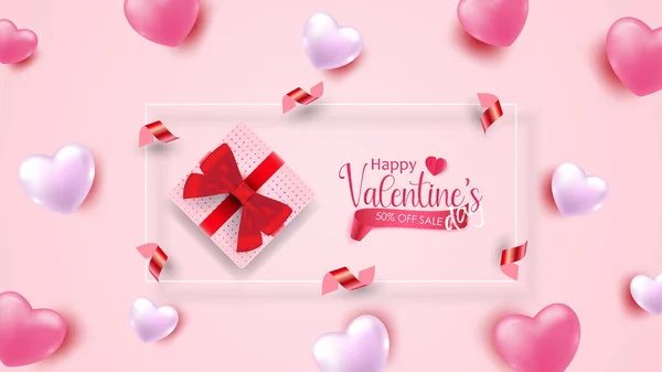 Valentine Day Poster Banner Gift Box Sweet Heart Pink Red — Stock Vector