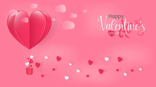Valentijnskaart Affiche Spandoek Papieren Hartballonnen Zweven Lucht Papieren Harten Verspreid — Stockvector