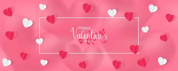 Плакат День Святого Валентина Баннер Бумажным Сердцем Розовом Красном Фоне — стоковый вектор
