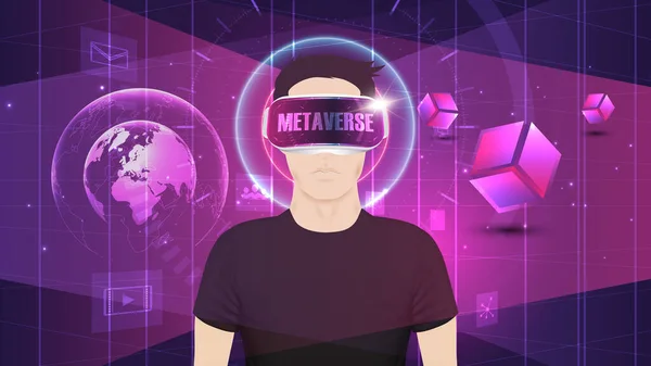 Metaverzní Technologie Helma Headset Technologický Koncept Virtuální Reality Mladý Muž Royalty Free Stock Ilustrace