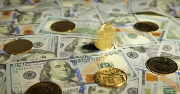 Gold Bitcoin Hundred Dollars Bills Close — Stock Video