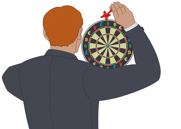 Επιχειρηματίας Ρίχνουν Βελάκια Στο Dart Board Σύμβολα Νόμισμα Που Απομονώνονται — Διανυσματικό Αρχείο