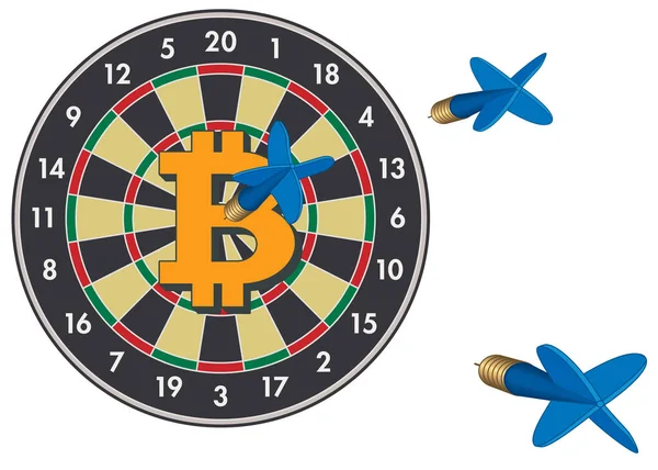 Business Dart Board Met Bitcoin Symbool Bulls Eye Darts Gericht — Stockvector