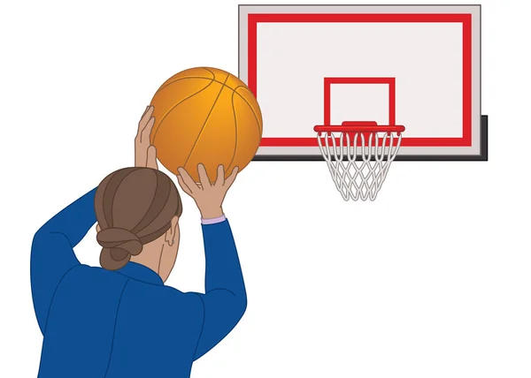 Zakenvrouw Richt Basketbal Bal Schieten Bal Achteraanzicht Geïsoleerd Witte Achtergrond — Stockvector
