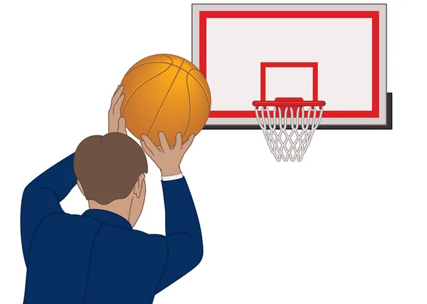 Zakenman Richt Basketbal Schieten Bal Achteraanzicht Geïsoleerd Witte Achtergrond — Stockvector
