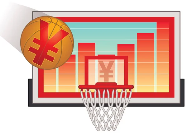 篮球运动中带有日圆符号的商业篮球运动进入篮圈 柱状图与白色背景隔离 — 图库矢量图片