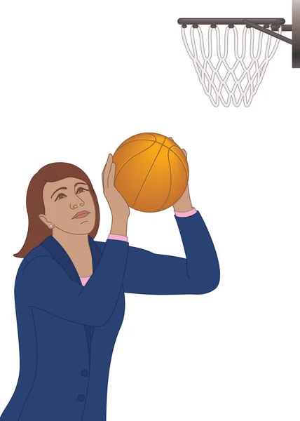 Kadını Basketbolu Beyaz Arka Planda Tek Başına Potaya Fırlatmayı Hedefliyor — Stok Vektör