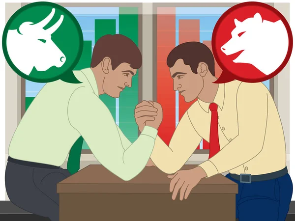 Geschäftsleute Armdrücken Auf Büroschreibtisch Bulle Gegen Bärenmarkt Mit Balkendiagramm Hintergrund — Stockvektor
