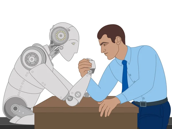 Geschäftsmann Und Roboter Armdrücken Auf Dem Schreibtisch Isoliert Auf Weißem — Stockvektor