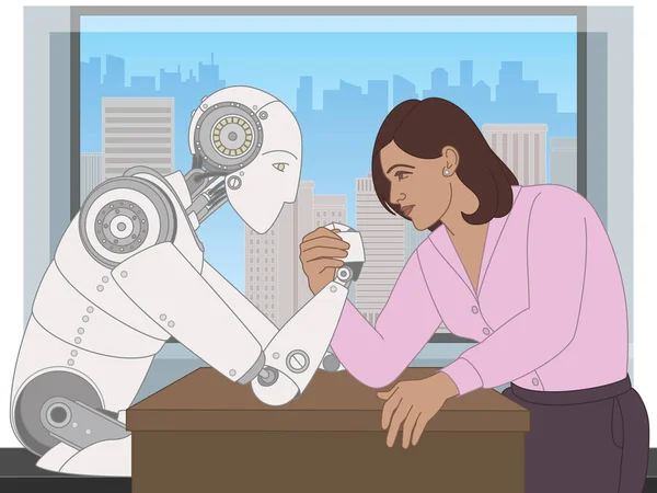 Geschäftsfrau Und Roboter Armdrücken Auf Dem Schreibtisch Bürofenster Zeigt Die — Stockvektor