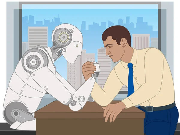 Geschäftsmann Und Roboter Armdrücken Auf Dem Schreibtisch Bürofenster Mit Stadtsilhouette — Stockvektor