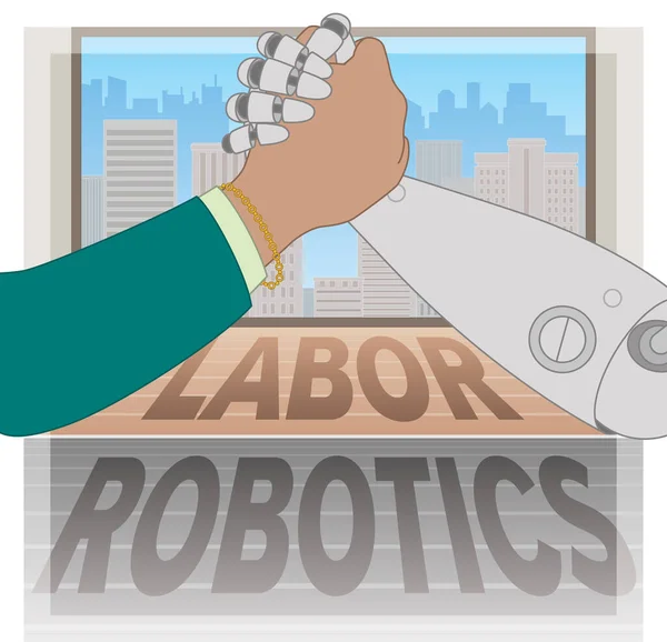 Geschäftsfrau Und Roboter Armdrücken Über Arbeitskraft Und Robotertext Nahaufnahme Bürofenster — Stockvektor