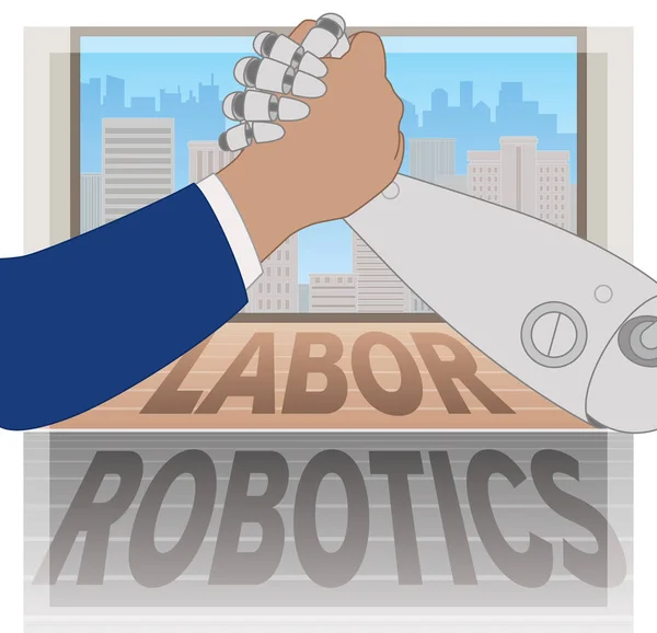Geschäftsmann Und Roboter Armdrücken Über Arbeitskraft Und Robotertext Nahaufnahme Bürofenster — Stockvektor