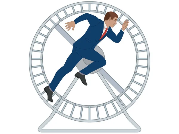 Business Man Running Hamster Wheel Isolated White Background — 스톡 벡터