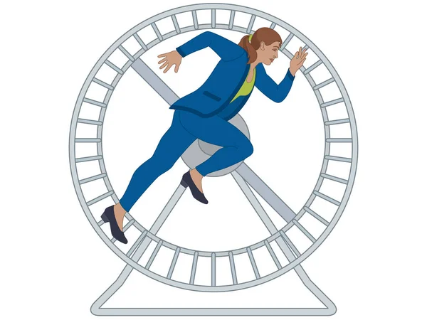 Business Woman Running Hamster Wheel Isolated White Background — 스톡 벡터