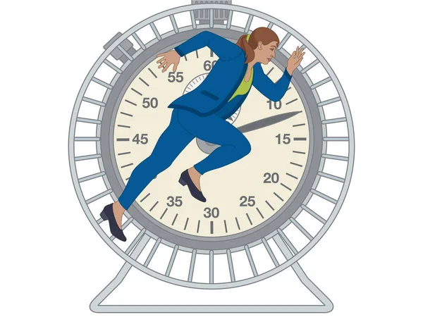 Business Woman Running Hamster Wheel Time Stopwatch Isolated White Background — 스톡 벡터