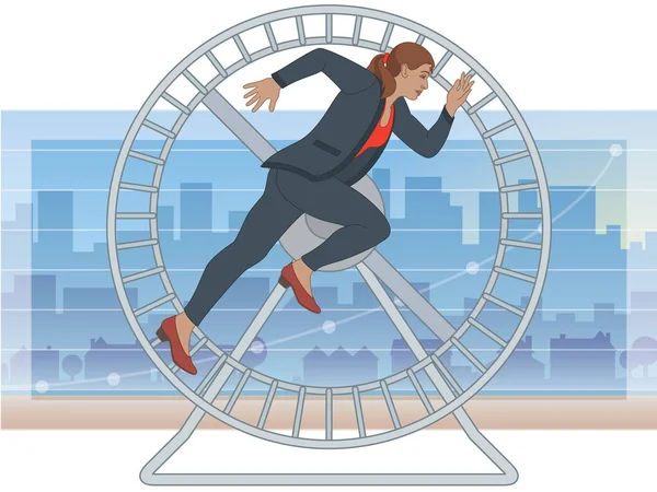Business Woman Running Hamster Wheel Line Graph City Background — 스톡 벡터