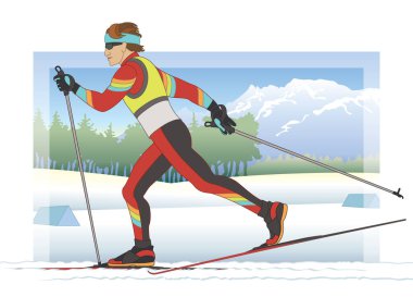 cross country skier male in competitive race with winter scene in background