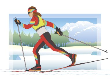 cross country skier female in competitive race with winter scene in background