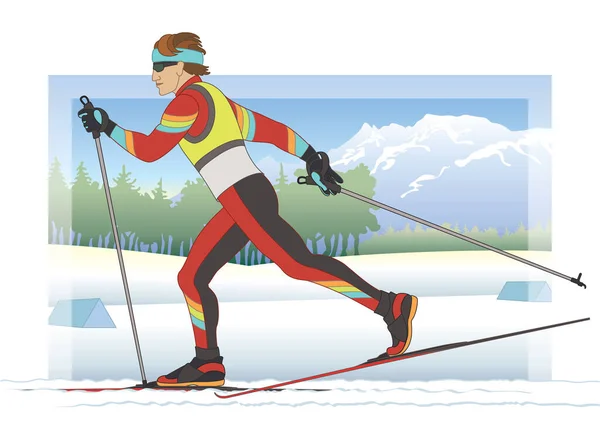 バックグラウンドで冬のシーンと競争力のあるレースでクロスカントリースキーヤー男性 — ストックベクタ