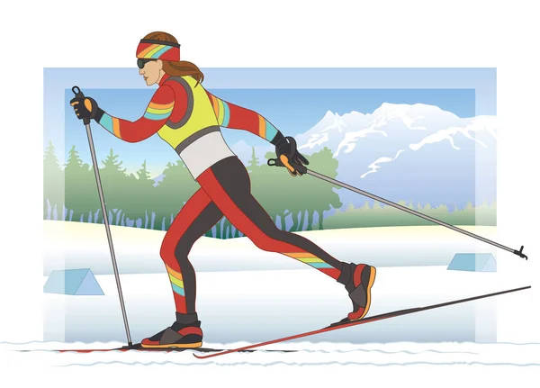 冬の風景を背景に競争力のあるレースでクロスカントリースキーの女性 — ストックベクタ