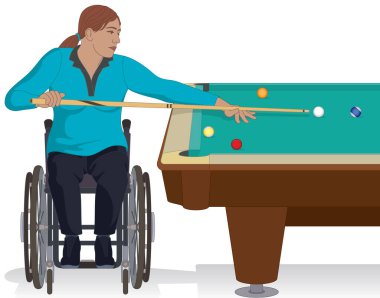 Tekerlekli sandalyedeki bilardo ya da bilardo oyuncusu beyaz arka planda bilardo sopasıyla topa nişan alan kadın.