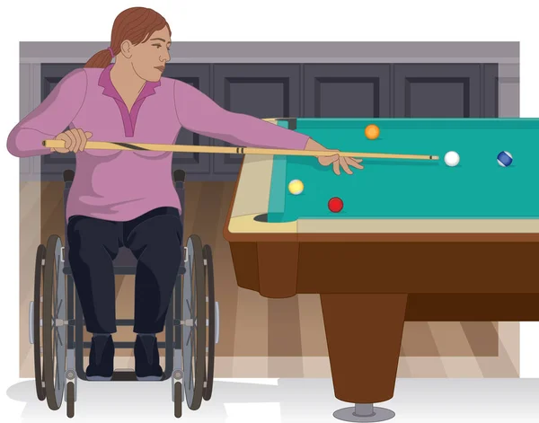 轮椅上的运动瘫痪女斯诺克或台球手 其目标是带背景球杆的球 — 图库矢量图片