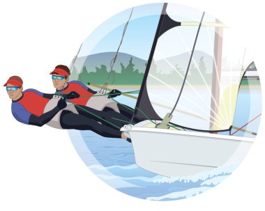 49. botta su ve gökyüzü arka planında daireler çizerek ilerleyen iki erkek tayfa.