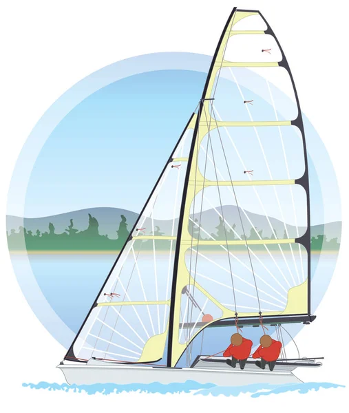 Sailing 49Er Dinghy Sailboat Water Sky Background Circle — Stock Vector