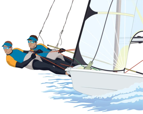 Парусный Спорт Двух Мужчин Экипаж Опираясь Дюймовый Парусник Лодка Изолированы — стоковый вектор