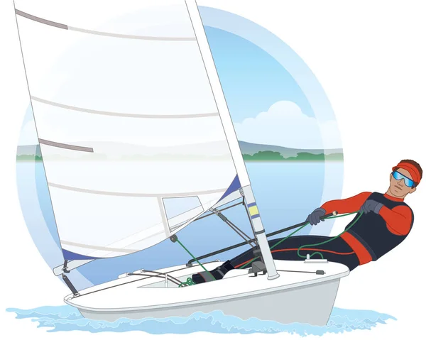 Segeln Männlicher Segler Lehnt Sich Einem Laser Standard Jolle Segelboot — Stockvektor