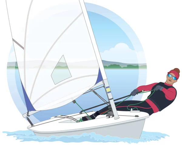 Sailing Female Sailor Leaning Out Laser Radial Dinghy Sailboat Water — Stock Vector