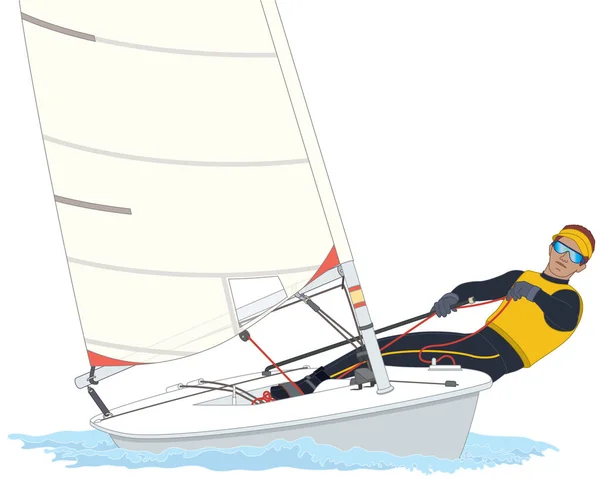 Yelkenli Erkek Denizci Laser Standart Yelkenli Teknesiyle Beyaz Arka Planda — Stok Vektör