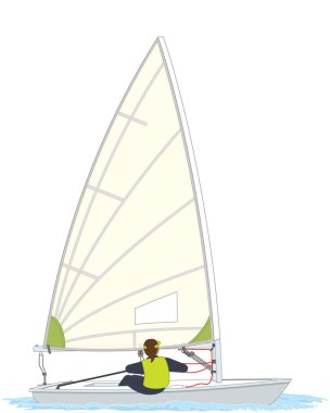 Yelkenli Laser Radial yelkenli teknesi beyaz bir arka planda izole edilmiş.