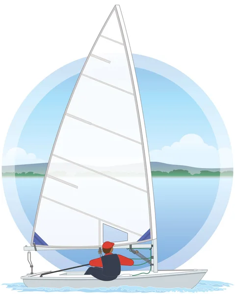 セーリングレーザー円の中に水と空の背景を持つ標準的なディンギー帆船 — ストックベクタ
