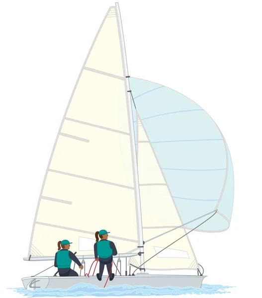 Sailing Two Female Crew Leaning Out 470 Dinghy Sailboat Isolated — Stock Vector