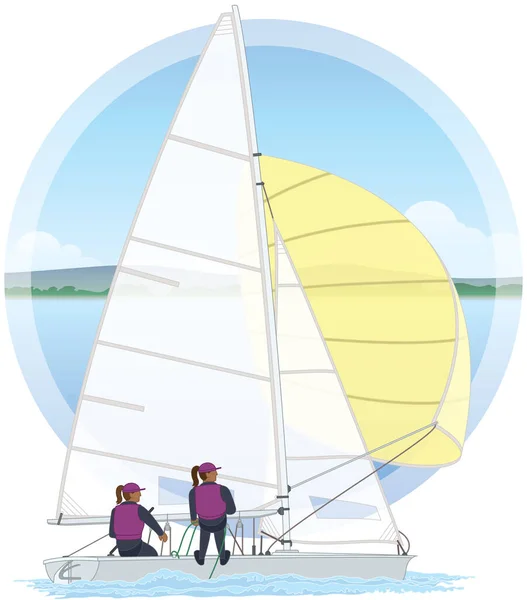Sailing Two Female Crew Leaning Out 470 Dinghy Sailboat Water — Stock Vector