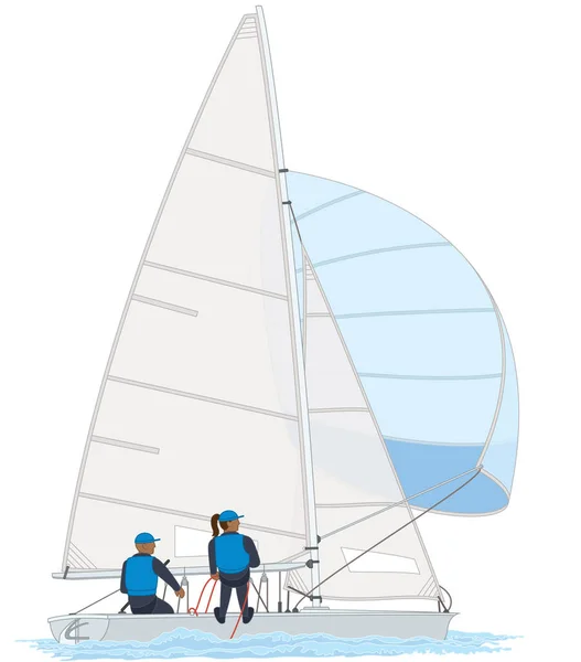 Sailing Female Male Crew Leaning Out 470 Dinghy Sailboat Isolated — Stock Vector