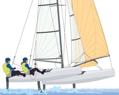 Bir NACRA 17 çoklu gövdeli katamaran yelkenlisiyle beyaz bir arka planda izole edilmiş yelkenli kadın ve erkek tayfa.
