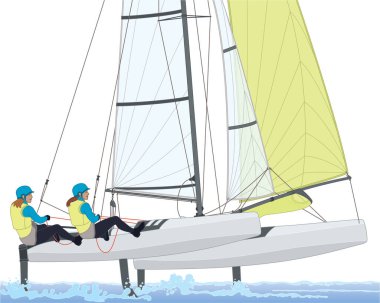 Bir NACRA 17 çoklu gövdeli katamaran yelkenliyle beyaz bir arka planda izole edilmiş iki kadın mürettebat.