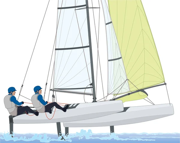 Navegando Dos Tripulantes Masculinos Inclinados Catamarán Nacra Velero Multicasco Aislado — Vector de stock