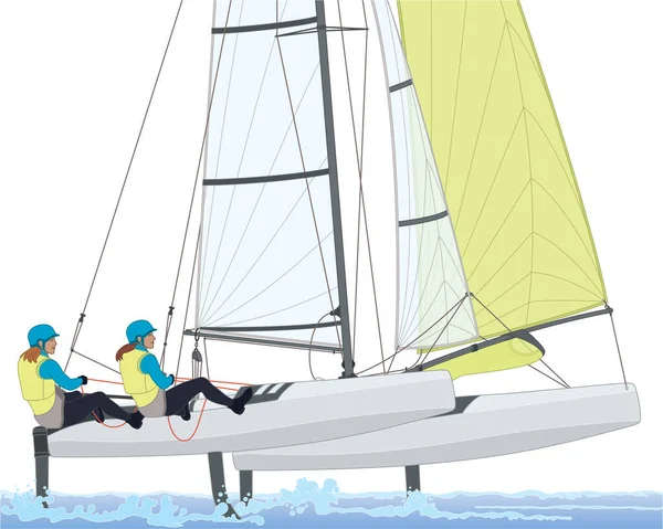 Zwei Weibliche Besatzungsmitglieder Lehnen Sich Einem Nacra Mehrrumpf Katamaran Segelboot — Stockvektor