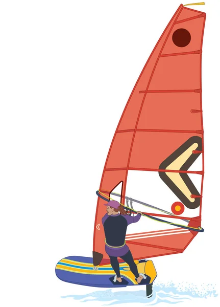 Iqfoilボード上のセーリング女性ライダーウィンドサーフィンと白い背景に隔離された水から持ち上げる赤い帆 — ストックベクタ
