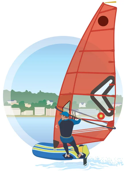 Yelkenli Erkek Rüzgâr Sörfçüsü Iqfolil Sörf Tahtasında Kırmızı Yelkenli Sudan — Stok Vektör