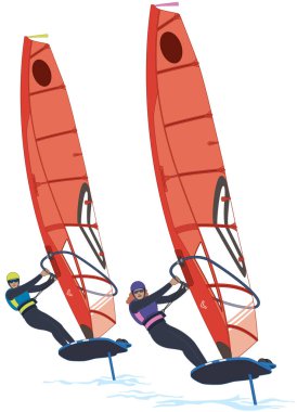 Yelkenli kadın ve erkek sörfçüler IQFolil sörf tahtasında yelken açıyorlar ve beyaz arka planda kırmızı yelken açıyorlar.