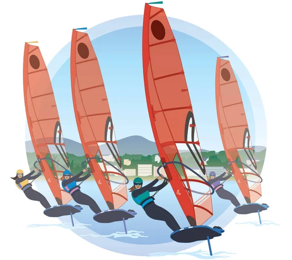 Sailing Female Riders Windsurfing Regatta Iqfoil Board Red Sail Lifting — Stock Vector