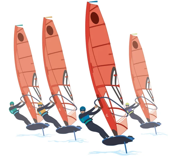 Sailing Male Riders Windsurfing Regatta Iqfoil Board Red Sail Lifting — Stock Vector