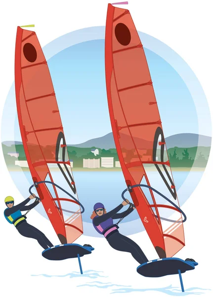 Segeln Weibliche Und Männliche Fahrer Windsurfen Einer Regatta Auf Iqfoil — Stockvektor